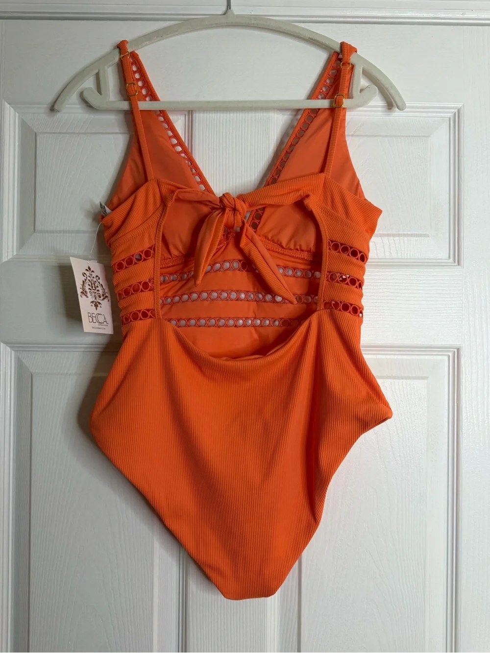 BECCA by Rebecca Virtue Ribbed One Piece Swimsuit Orange Ladder Trim Medium NWT